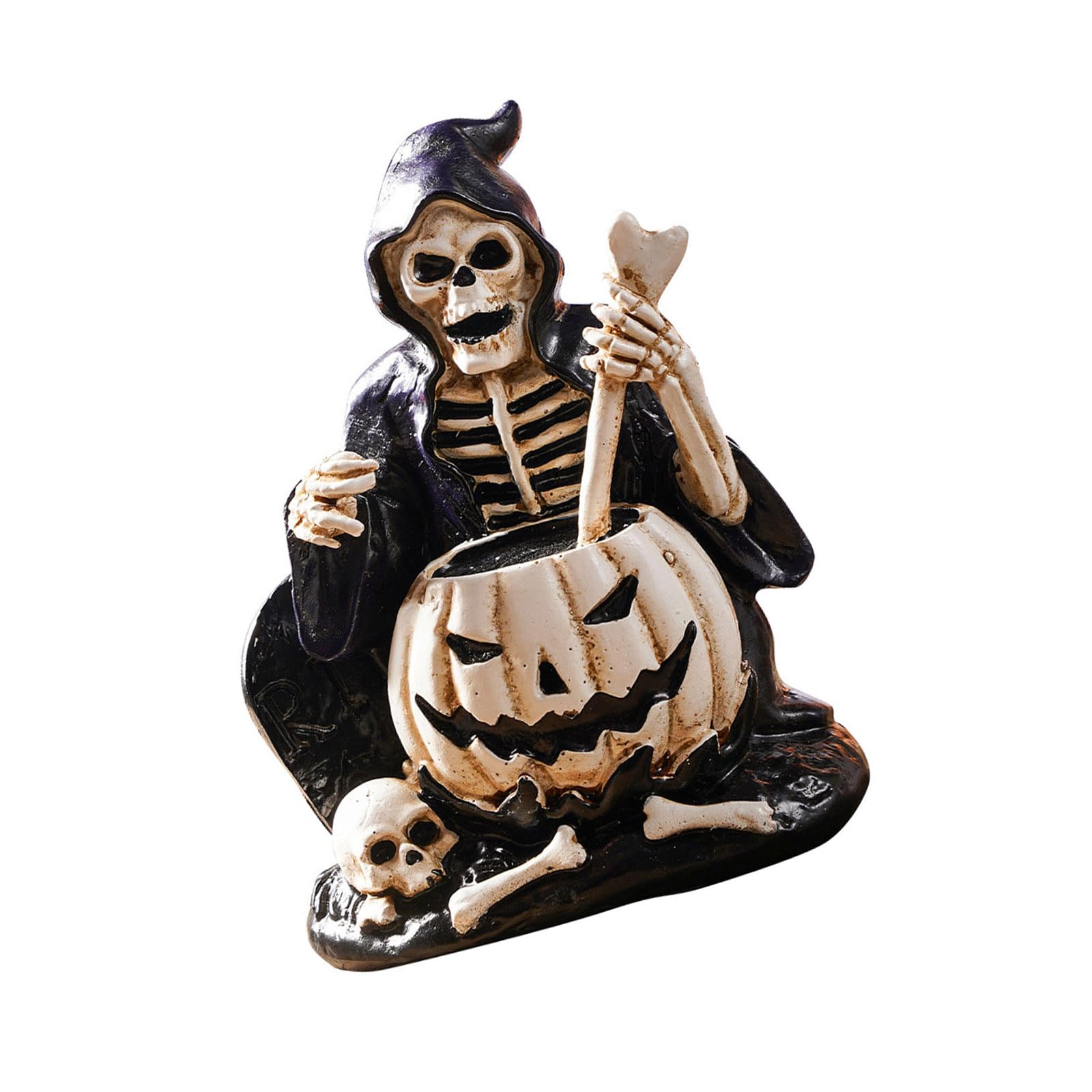 Pangboer Halloween Mantel Accent Skeleton Figurine, Compact Resin Tabletop Decor With Pumpkin Detail, Ready To Display For Shelf Desk And Entryway Witch Skull Statue Skeleton Figurine Halloween Tabletop Decor