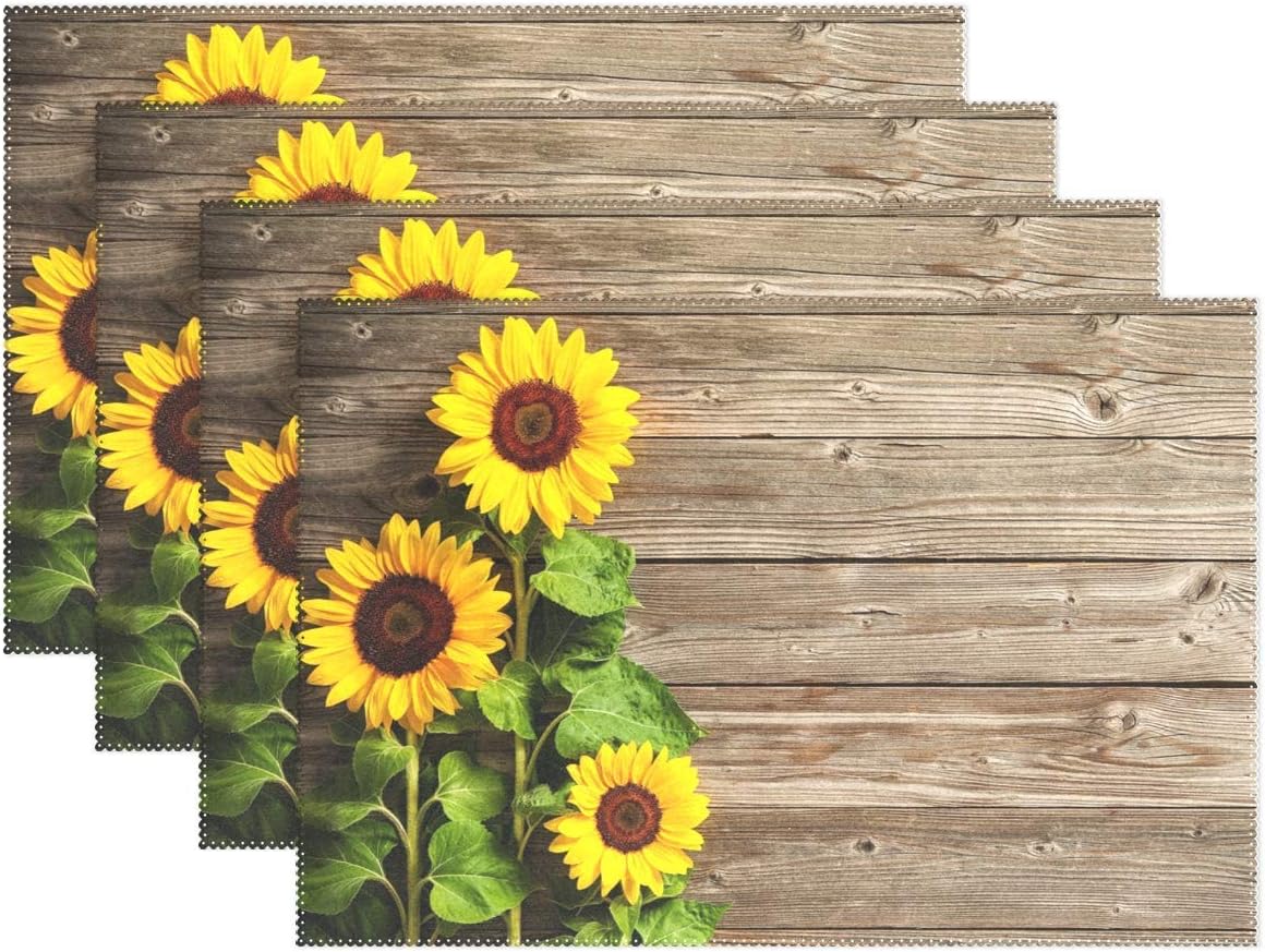 Wamika Beautiful Sunflowers Placemats Set of 4 Wood Board Florals Table Mats Spring Summer Autunm Place Mats for Kitchen Dining Decor Heat Resistant Non-Slip Washable 12 X 18 in