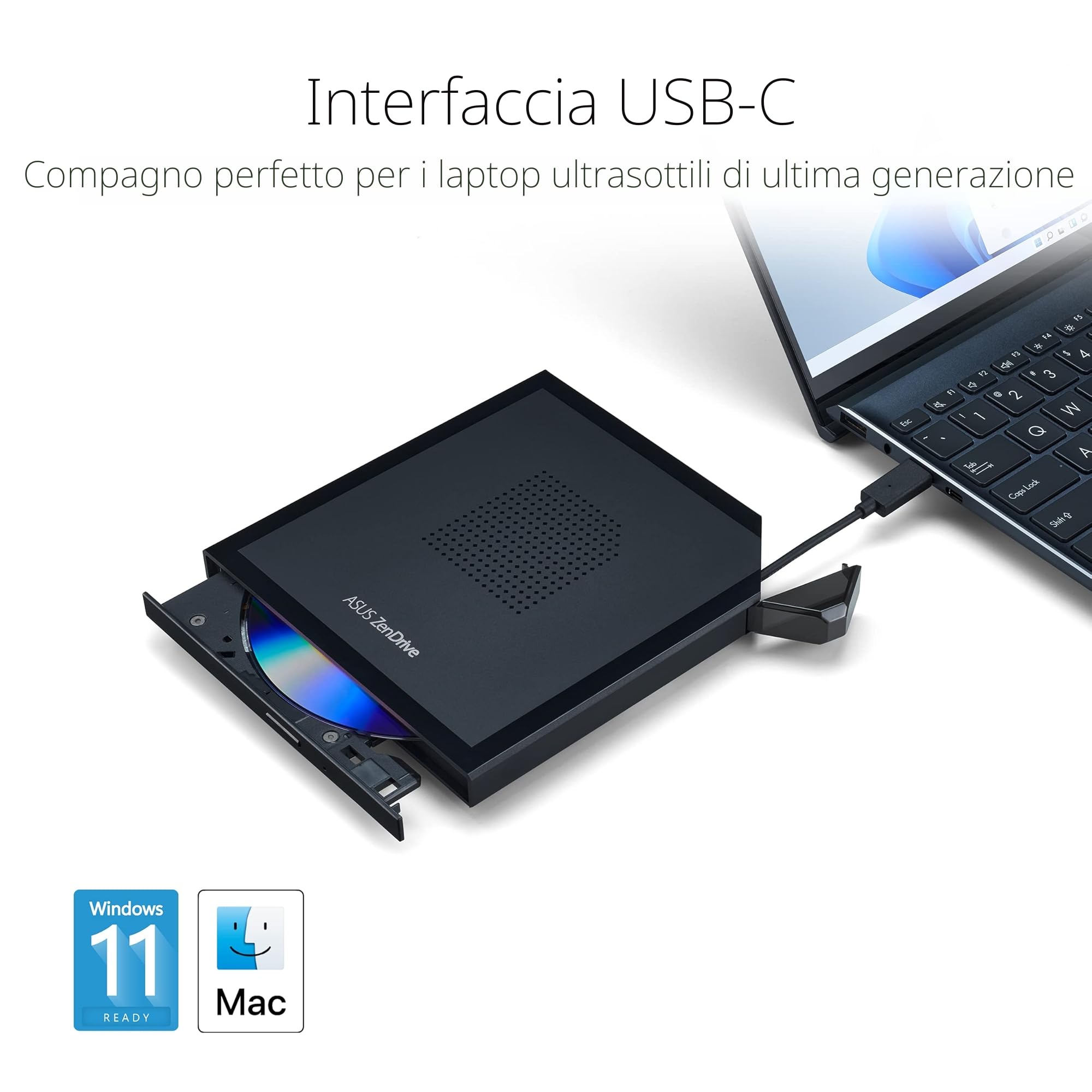 ASUS ZenDrive V1M Masterizzatore Esterno USB-C, Compatibile con Windows 11 e Mac OS, Supporto M-Disc, Software di Backup Incluso, Cavo Collegamento Integrato, Dvd-R 8X, Dvd-RW 8X, CD 24x, Nero