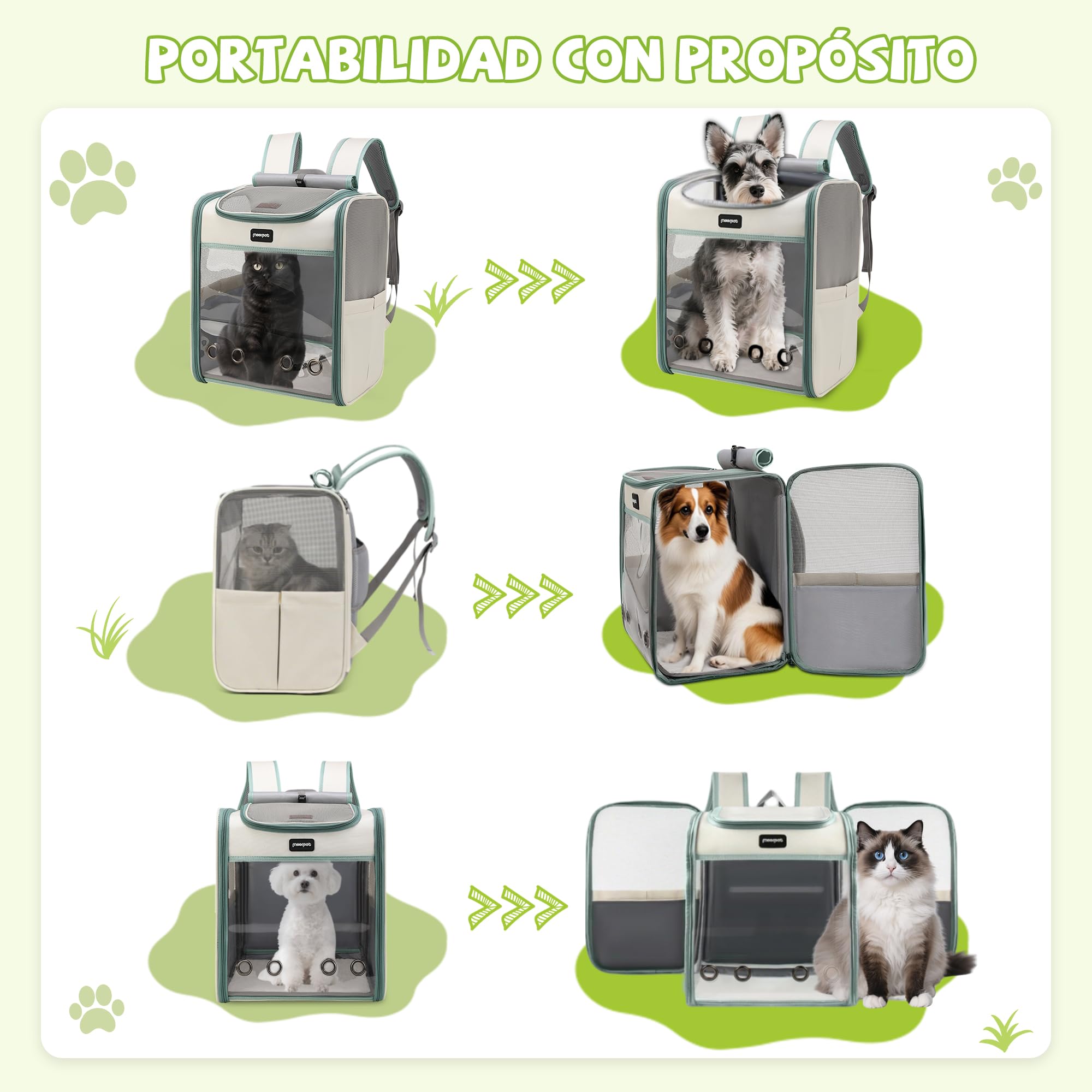 ALLSOPETS Mochila para Perros, Transportín Mochila Plegable para Gatos y Perros Pequeños, Mochila Transpirable para Viajes Paseos y Excursiones (Verde Ahumado)