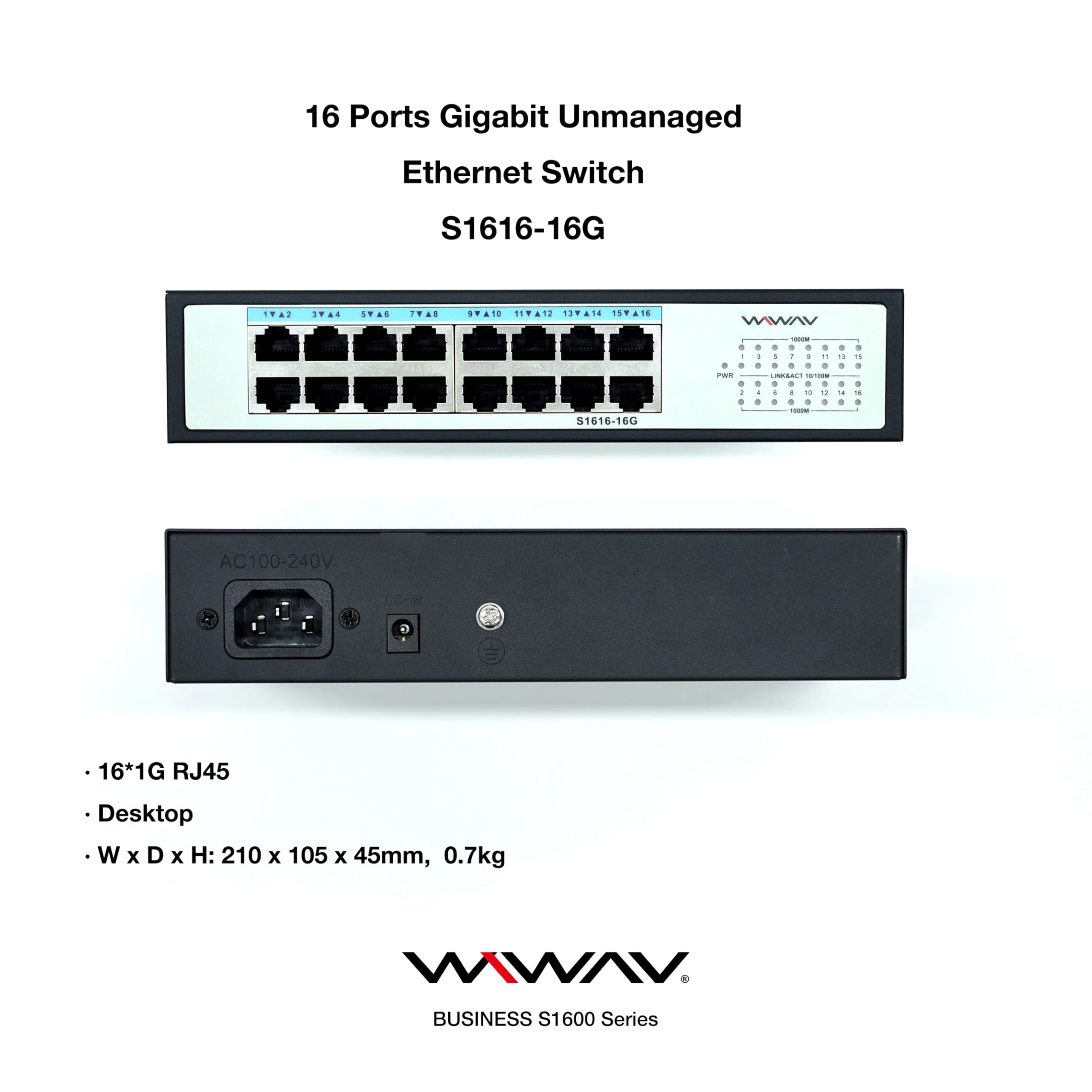 S1616-16G Switch Ethernet Gigabit non gestito a 16 porte – Hub LAN full duplex per azienda, ufficio, casa, NAS, AP, PC, videosorveglianza IP (metallo, Plug & Play, senza ventola)