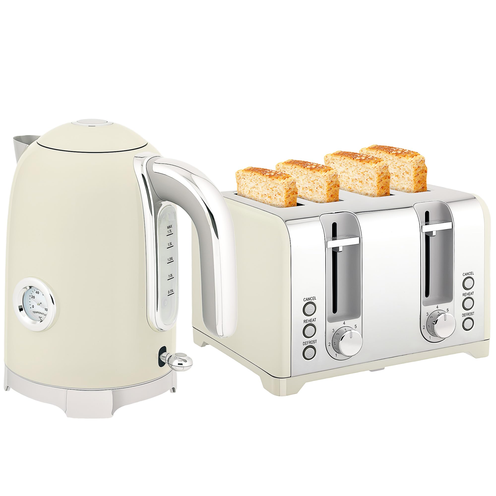 Homcom Black/Grey 3000W 1.7L Kettle With Retro Thermometer, 4 Slice Toaster Set,