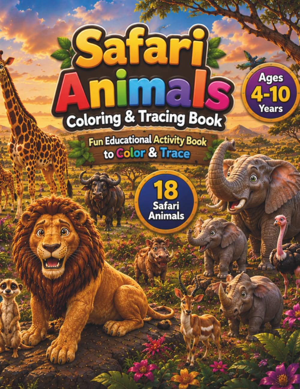 Safari Animals Coloring & Tracing Book: Fun Educational Activity Book for Kids Ages 4–10 (Amazing Animals Coloring & Tracing Series)