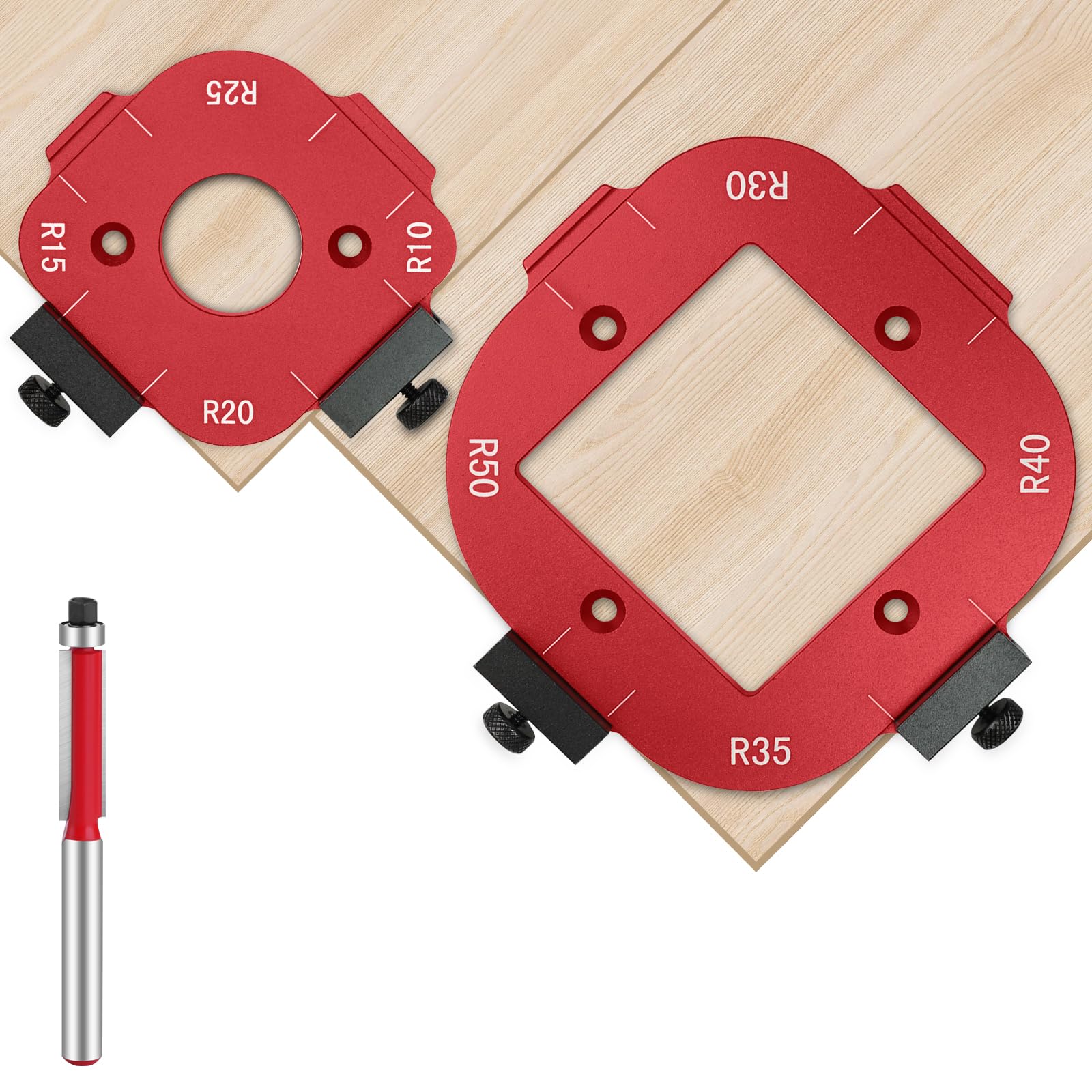 2PCS Milling Templates Radius Aluminum Alloy Milling Template Corner R10/R15/R20/R25/R30/R35/R40/R50 Radius Jig Router Templates with Router Bit for Precision Routing Furniture Edges & DIY Projects