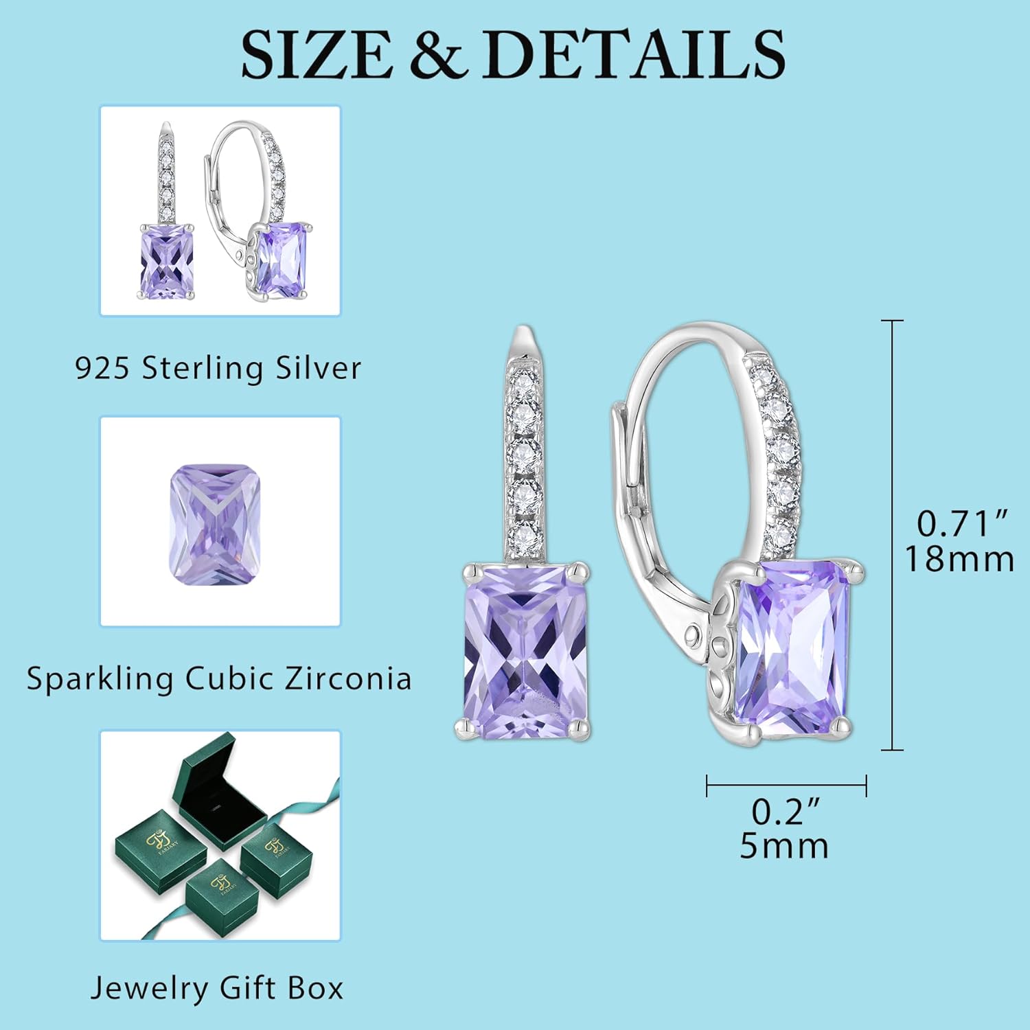 FJ Princess Cut Dangle Drop Earrings 925 Sterling Silver Leverback Square Solitaire Earrings Birthstone Jewelry for Women - Image 6