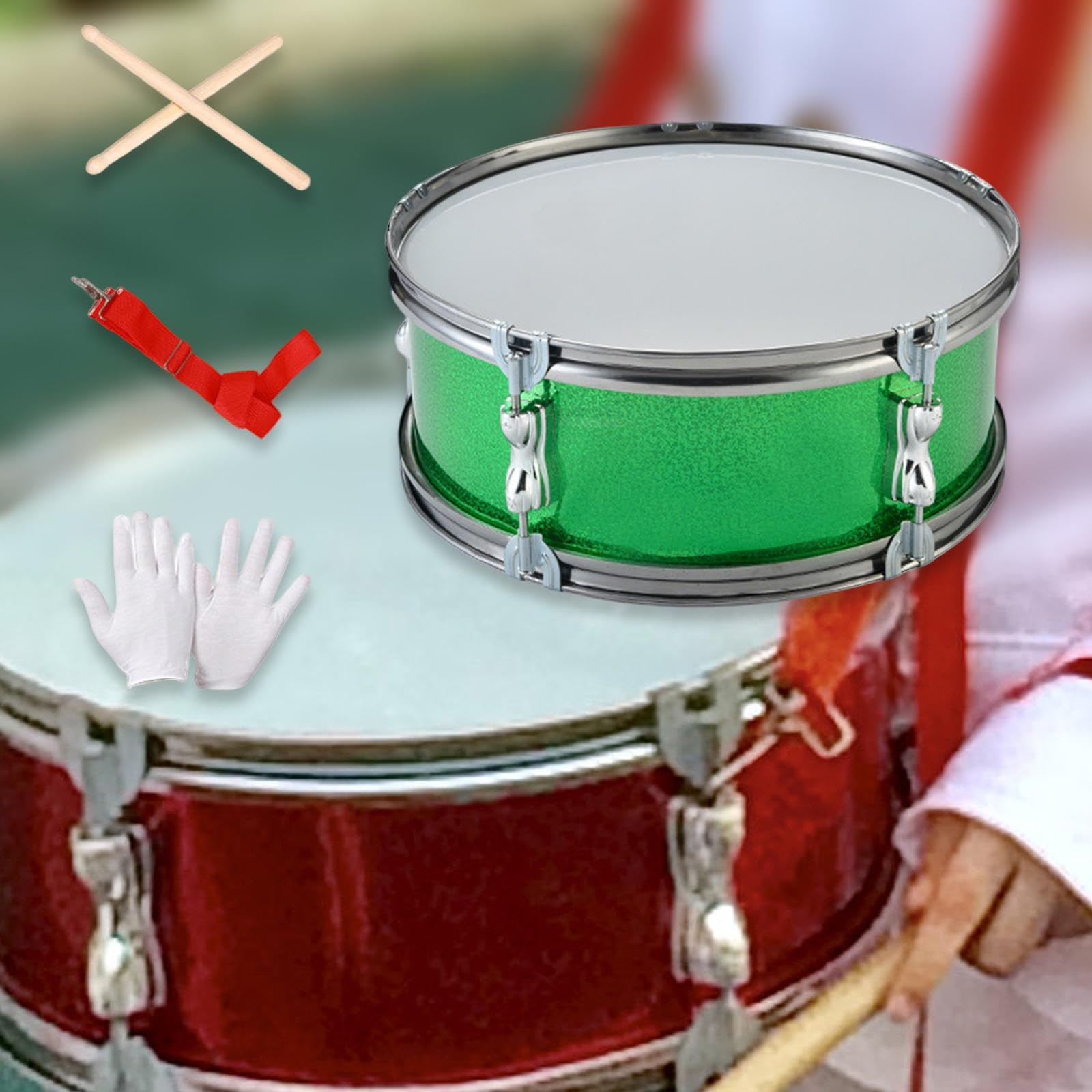 Caisse Claire 13 Pouces Tambour Simple Face avec Baguettes Gants Sangle Aluminium Tête Polyester Adapté Aux Débutants Étudiants Adultes Groupe Musica, Vert