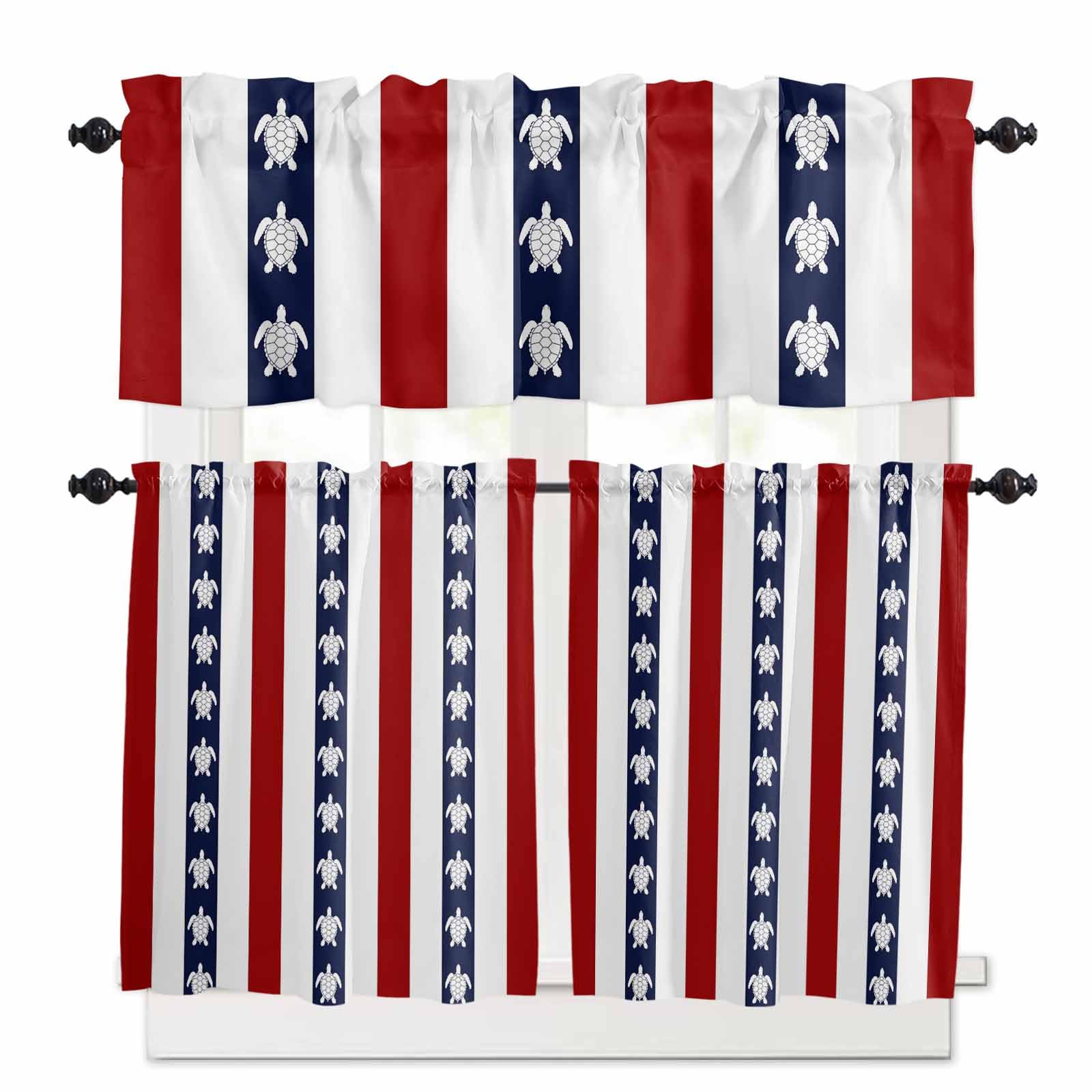 Coastal Turtle Kitchen Curtains 24 Inch Length,3 Piece Rod Pocket Small Half Tiers and Valance Set,Red Stripe Black White Geometric Ocean Small Large Window Treatment Decor for Bedroom/Bathroom Sink