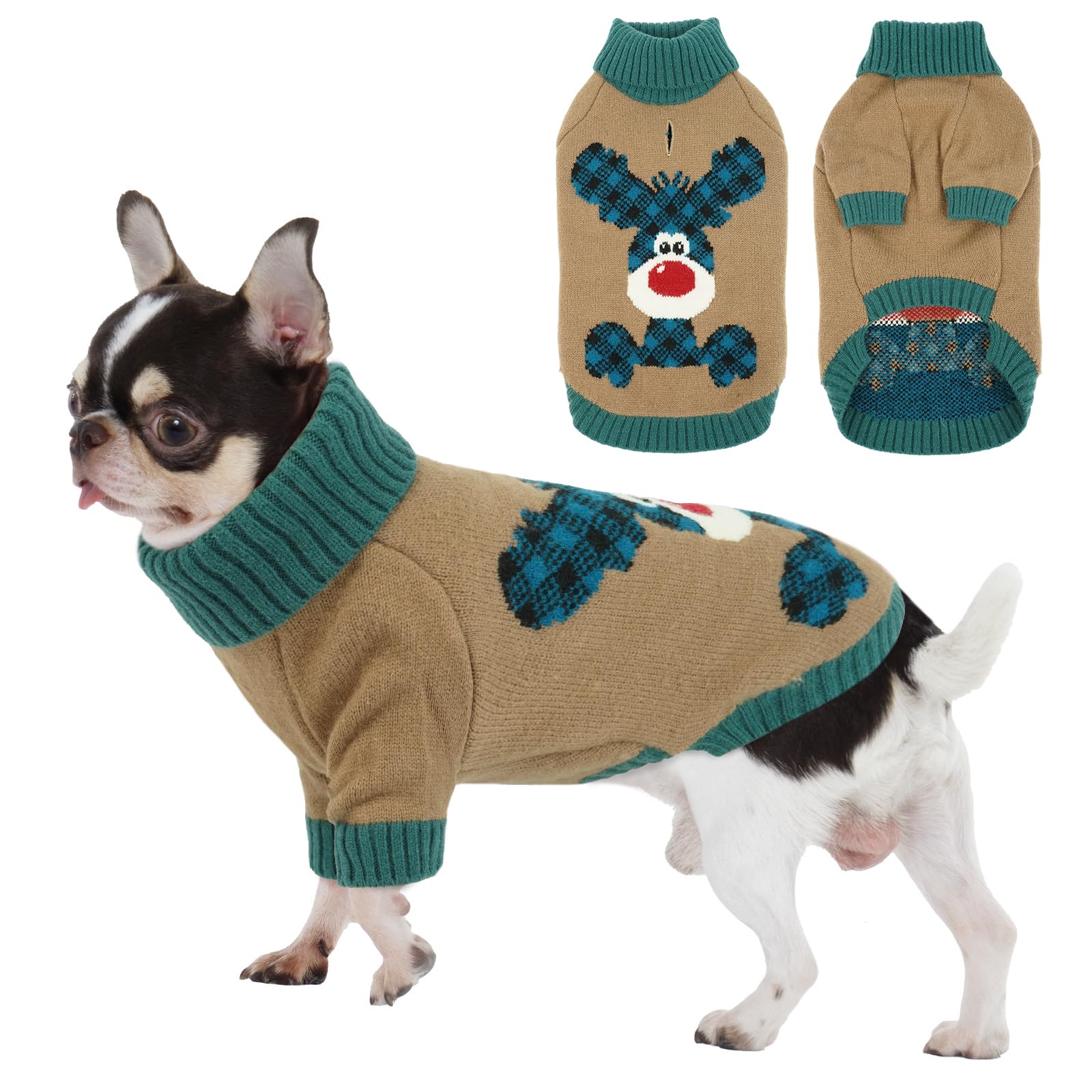 Christmas Dog Jumper – Festive Reindeer & Tartan Knit | Thick & Warm with Leash Hole | High Neck | Ideal for Pomeranian, Yorkshire Terrier, Toy Poodle (Light Brown S) — image 1