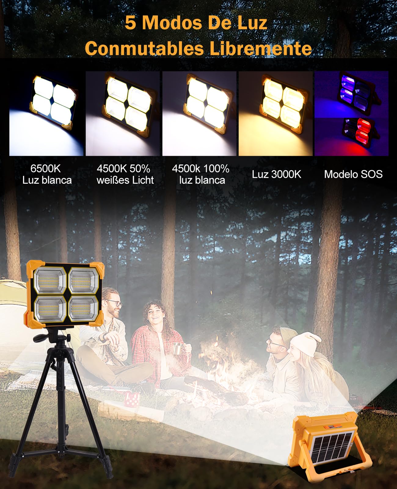 luce solare led esterno, faretto da cantiere Portatile USB 300W, lampada portatile 26000LM luce ricaricabile， faro led solare Esterno per Campeggio, Emergenza, Giardino