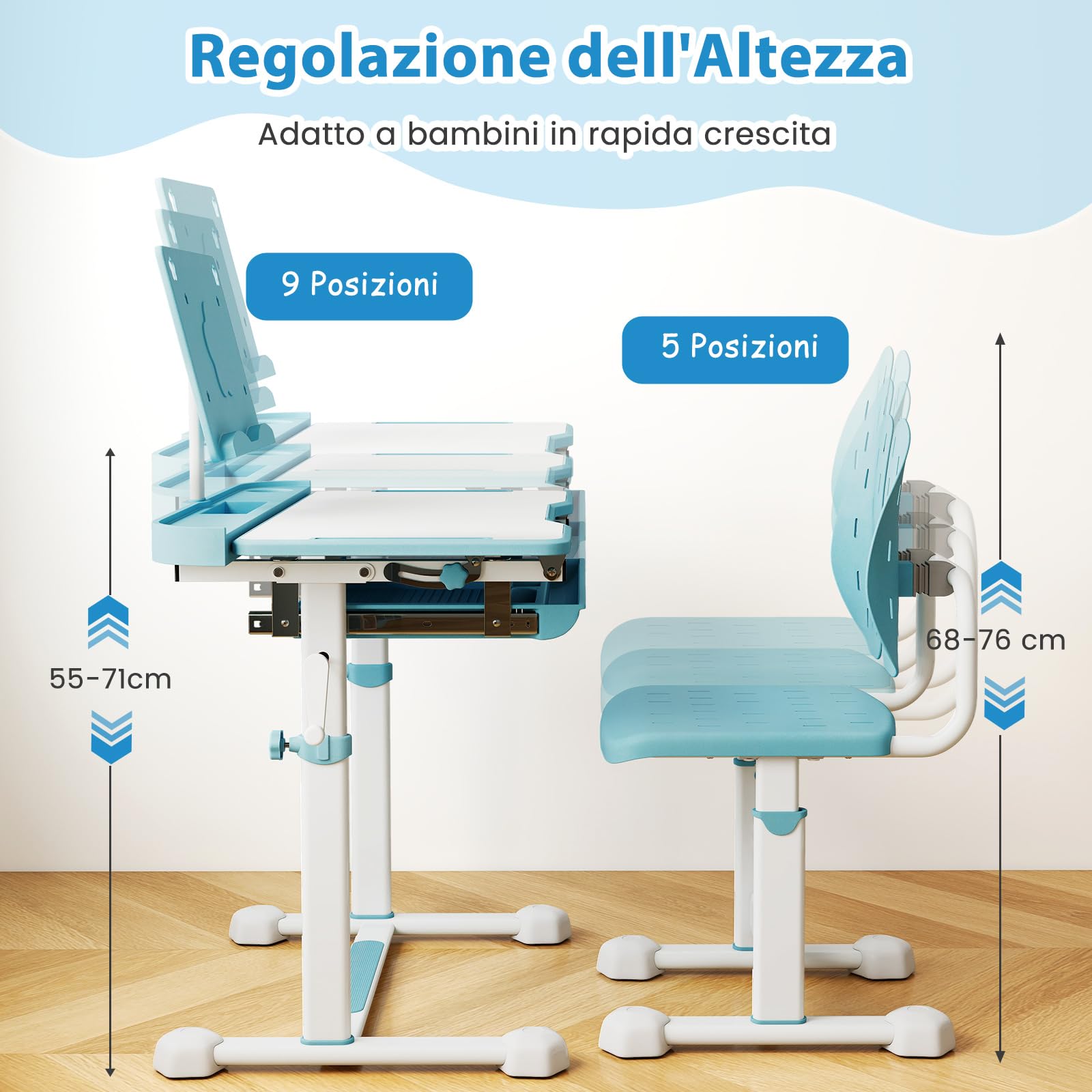 RELAX4LIFE Scrivania per Bambini con Sedia, Set Tavolo da Studio con Piano Inclinabile, Altezza Regolabile, Supporto per Libri, Portabicchieri, Cassetto Estraibile, Sedia Ergonomica (Blu)
