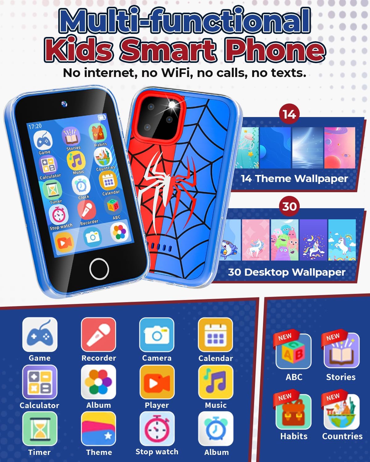 Kids Phone for Ages 3-8, 3.5" Touchscreen, Dual Camera, Educational Games, Music Player, No Calls/Internet, Birthday/Christmas Ideas for Boys Girls