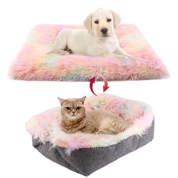Chintu Cat Beds for Indoor Cats Machine Washable Cat Bed Mat Self-Warming 2-in-1 Pet Beds for Medium Small Dogs Plush Fluffy Dog Bed Faux Fur Cat Cushion Bed with Anti Slip Bottom