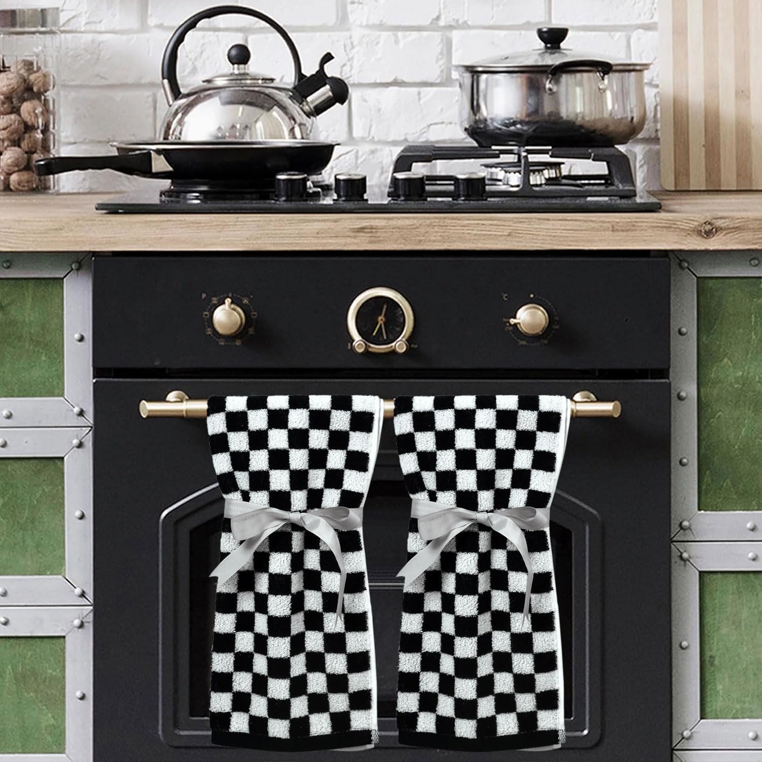 Jacquotha and White Hand Towels 4 Pack, Cotton Decorative Bathroom Hand Towels & Checkered Kitchen Decor, 13" x 29": Black