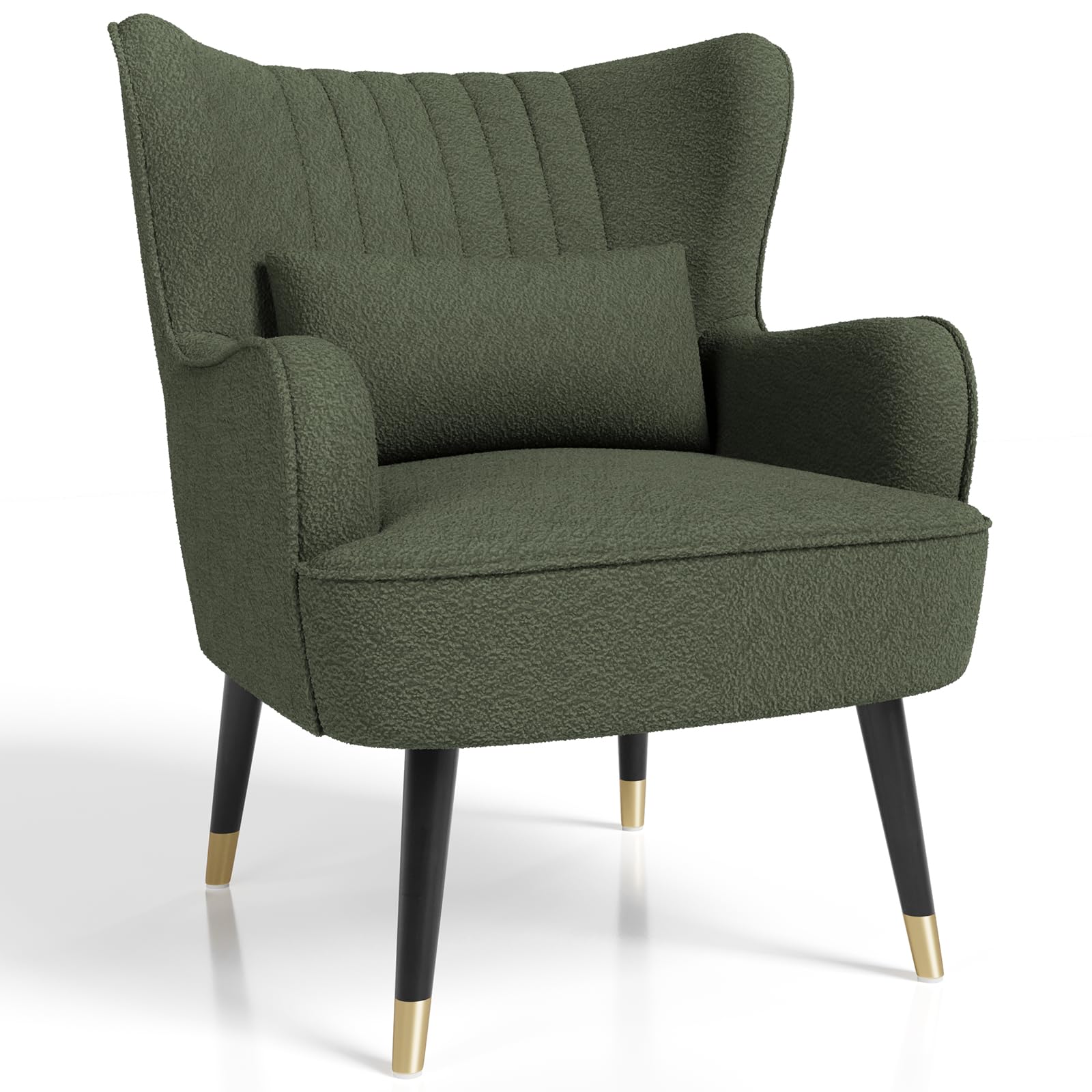 Vesgantti Teddy Fleece Accent Chair with Lumbar Pillow, Modern Wing Back Armchair Lounge Chair, Large Cuddle Chair for Living Room Bedroom Study Room Office(Army Green)