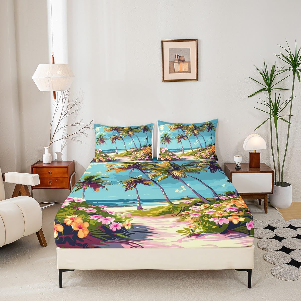 Erosebridal Tropical Plant Leaf Fitted Sheet Full Size Garden Wild Flowers Bed Set Set Blue Sea Beach Palm Leaves Bed Sheets Hawaiian Vacation Style Sheets Watercolor Oil Painting Room Decor