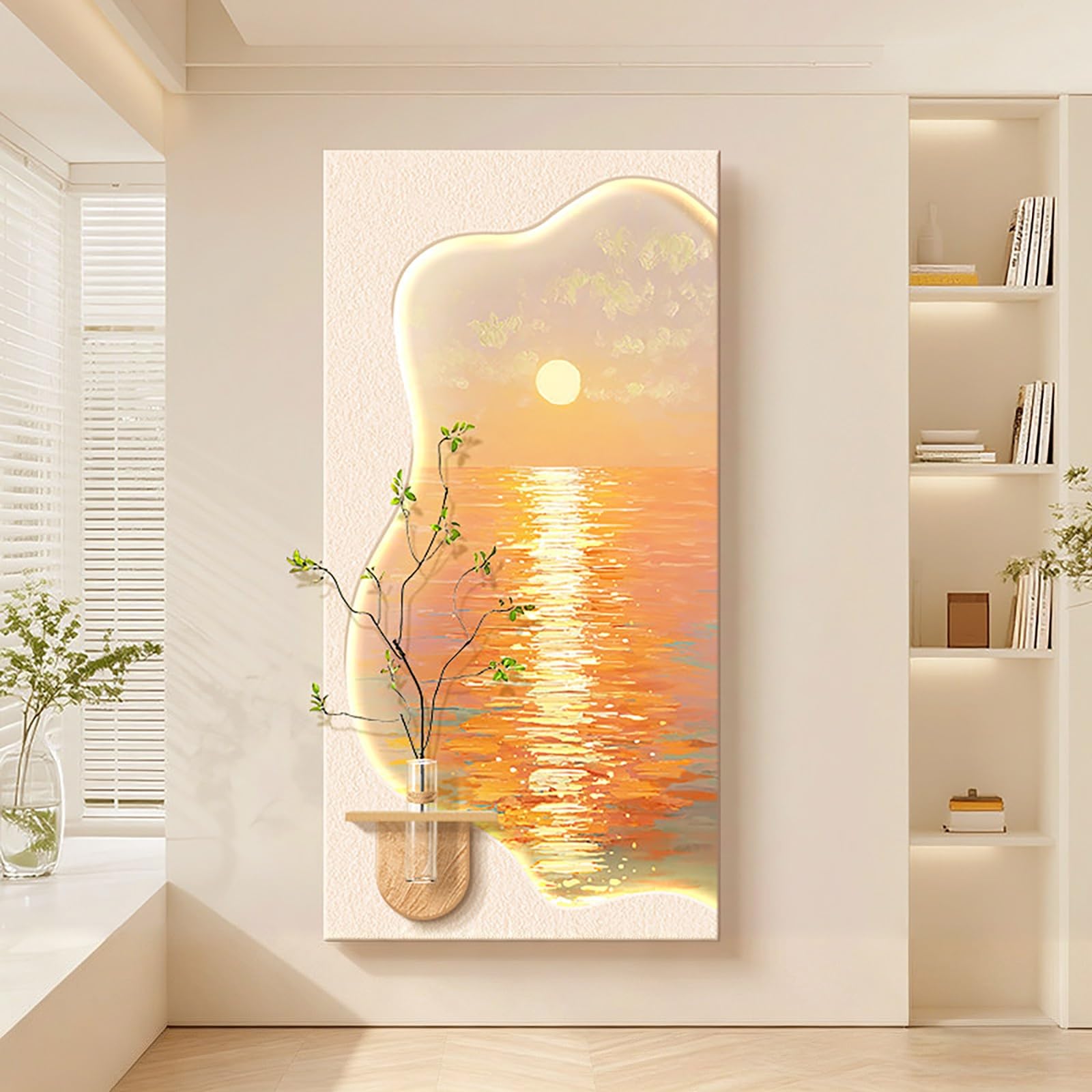 Tableau mural 3D LED relief beige d'une finition haut de gamme avec vase en verre