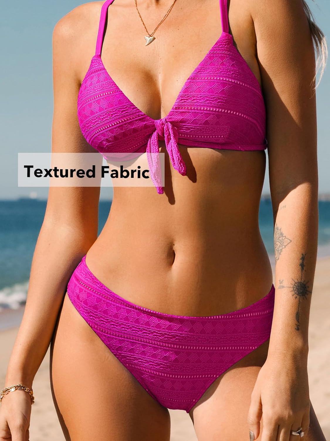 CUPSHE Women's Bikini Sets V Neck Two Piece Bathing Suits Textured Bunny Tie Adjustable Straps - Image 4