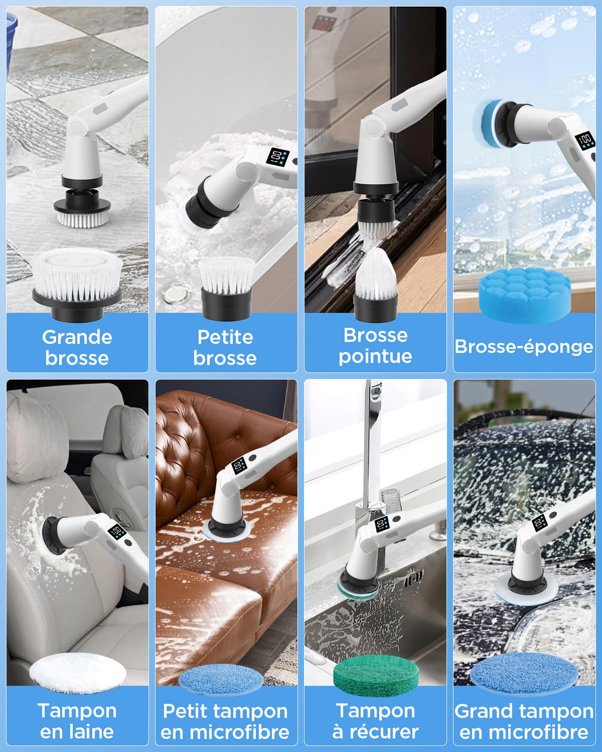 Lepwings Brosse de Nettoyage Électrique avec 8 Têtes Remplaçables, Brosse Rotative Puissante Rechargeable, 3 Vitesses, Manche Télescopique 35–135 cm, Étanche IP65 pour Salle de Bain, Cuisine, Voiture