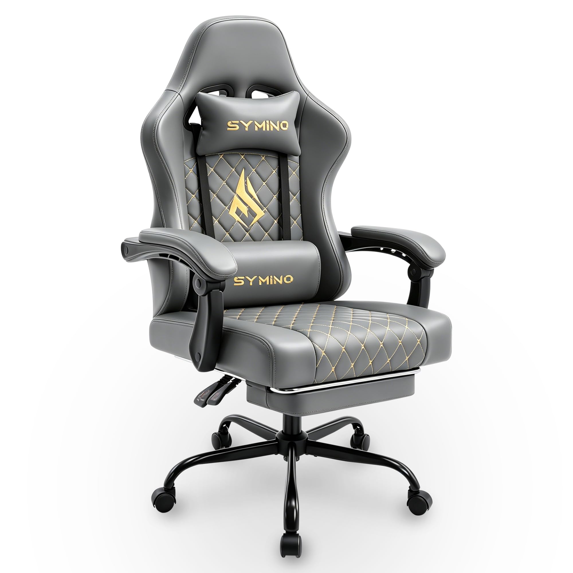 Symino Silla Gaming Ergonómica con Asiento de Espuma Alta Densidad – 150 kg, Reclinable con Soporte Lumbar, Reposabrazos Ergonómicos, Giratoria 360° para Oficina y Escritorio