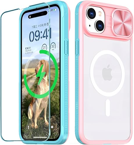 Funda transparente compatible con iPhone 15 MagSafe Funda deslizante para lente de cámara, imanes fuertes Anti amarilleo Parte trasera de acrílico