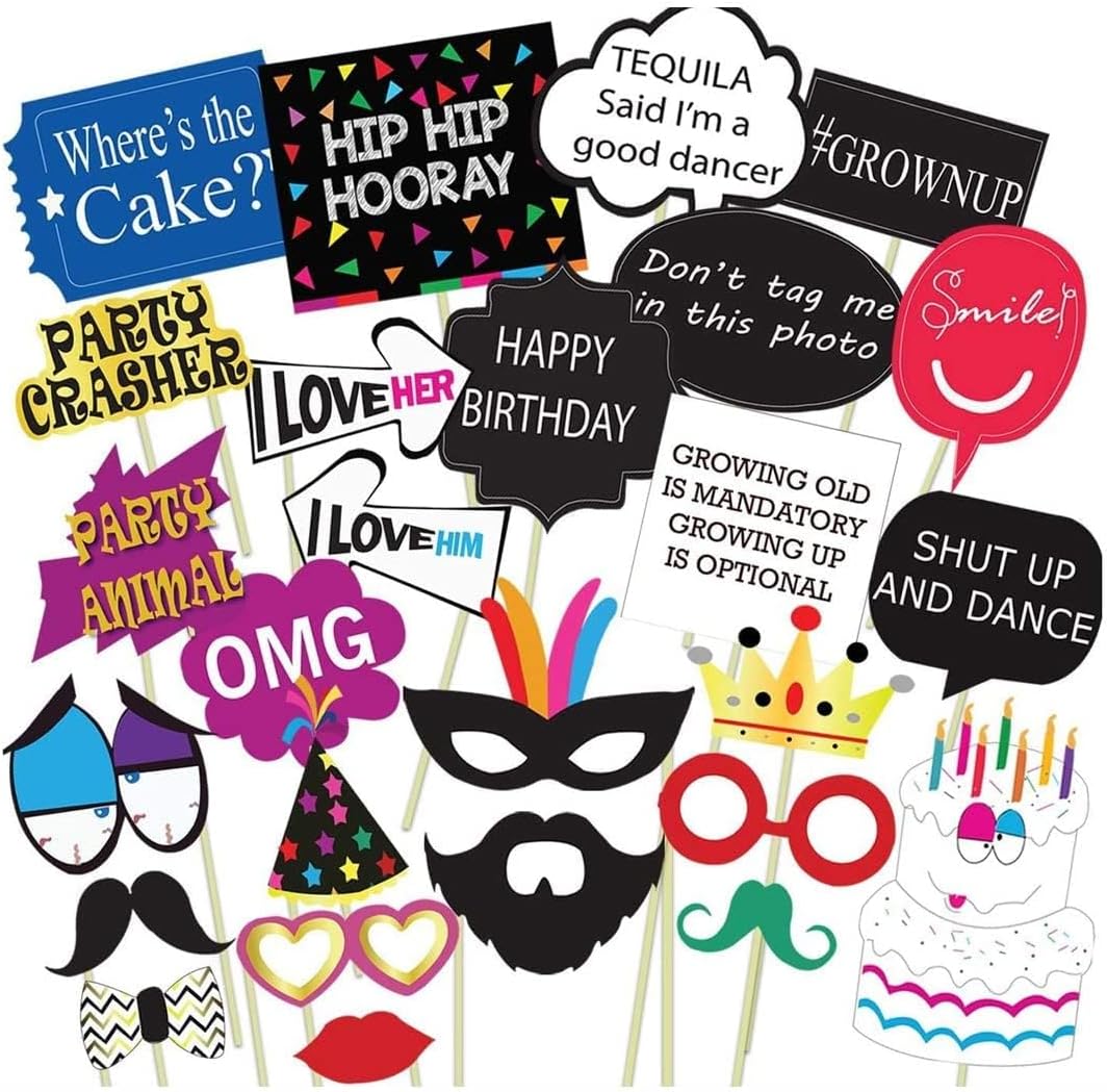 Birthday Photo Booth Props 26Pcs Set with Funny Crown Fun Mask Hats Beard Happy Face Wig Mustache Prop for Kids Selfie Photobooth,Birthdays Parties Items by Indian Collectible