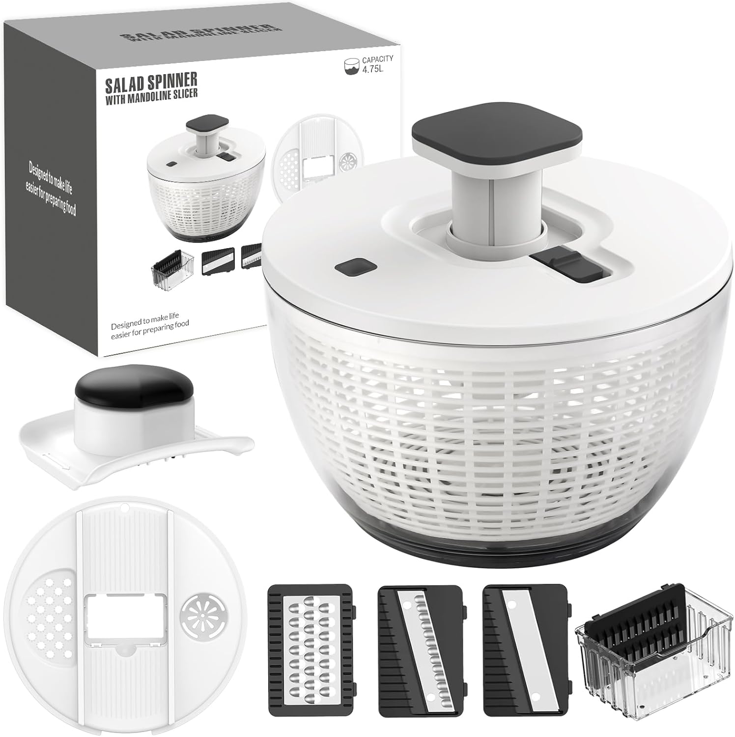 eutopic Large 5 Quart Salad Spinner with 4-Blade Slicer, One-Handed Lettuce Dryer & Vegetable Washer, Family-Sized Grey