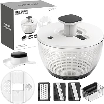 Salad Spinner Large, Lettuce Spinner, Fruits and Vegetables Washer with 4 Blades Slicer, One-handed Easy Press Large Vegetable Dryer Salad Mixer, 5 Quart Capacity, Grey