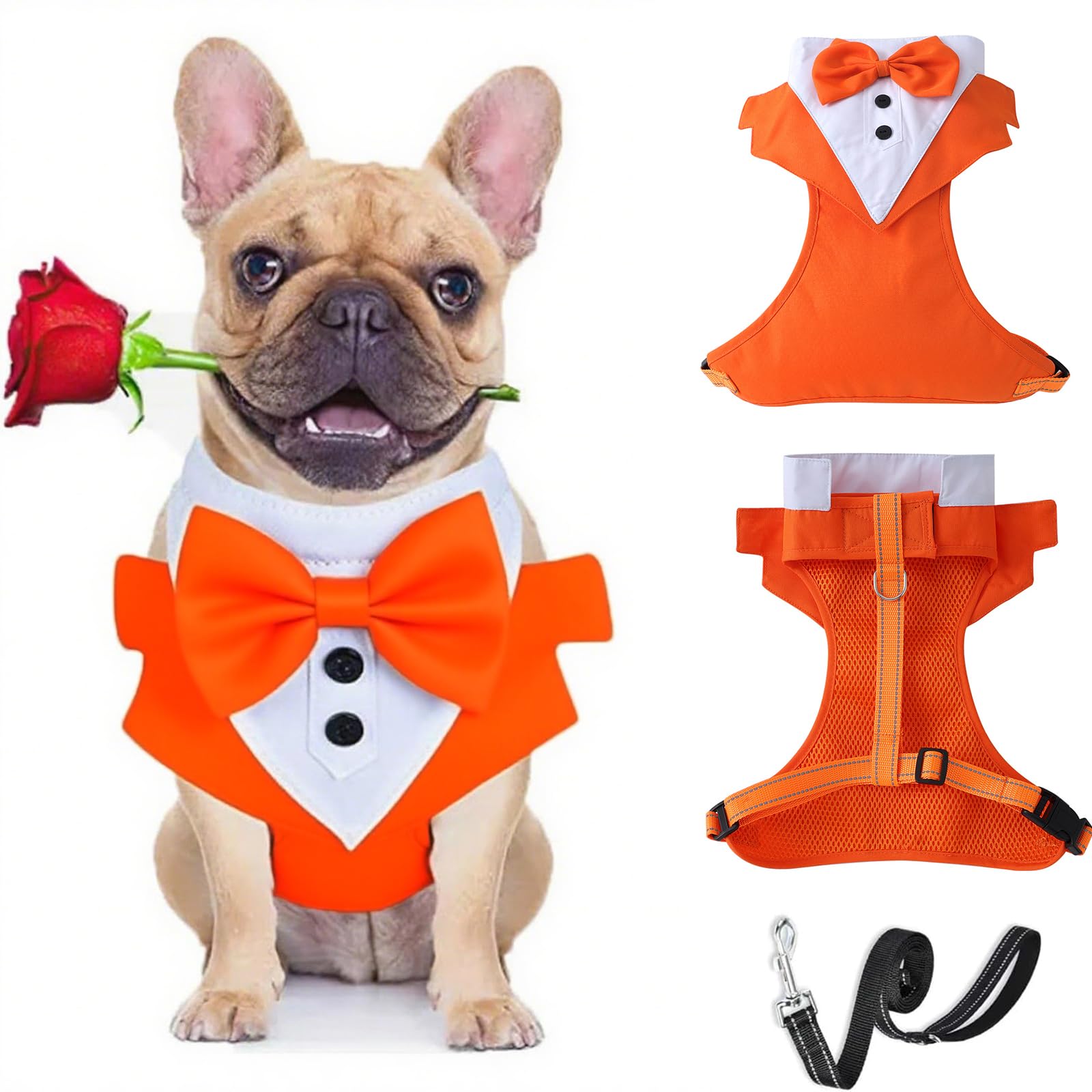 Dog Tuxedo Harness with Leash Set,Pet Wedding Chest Strap Formal Vest with Bow,Adjustable Pet Tailcoat Vest Harness for Puppy Small Medium Dog_S(Orange)