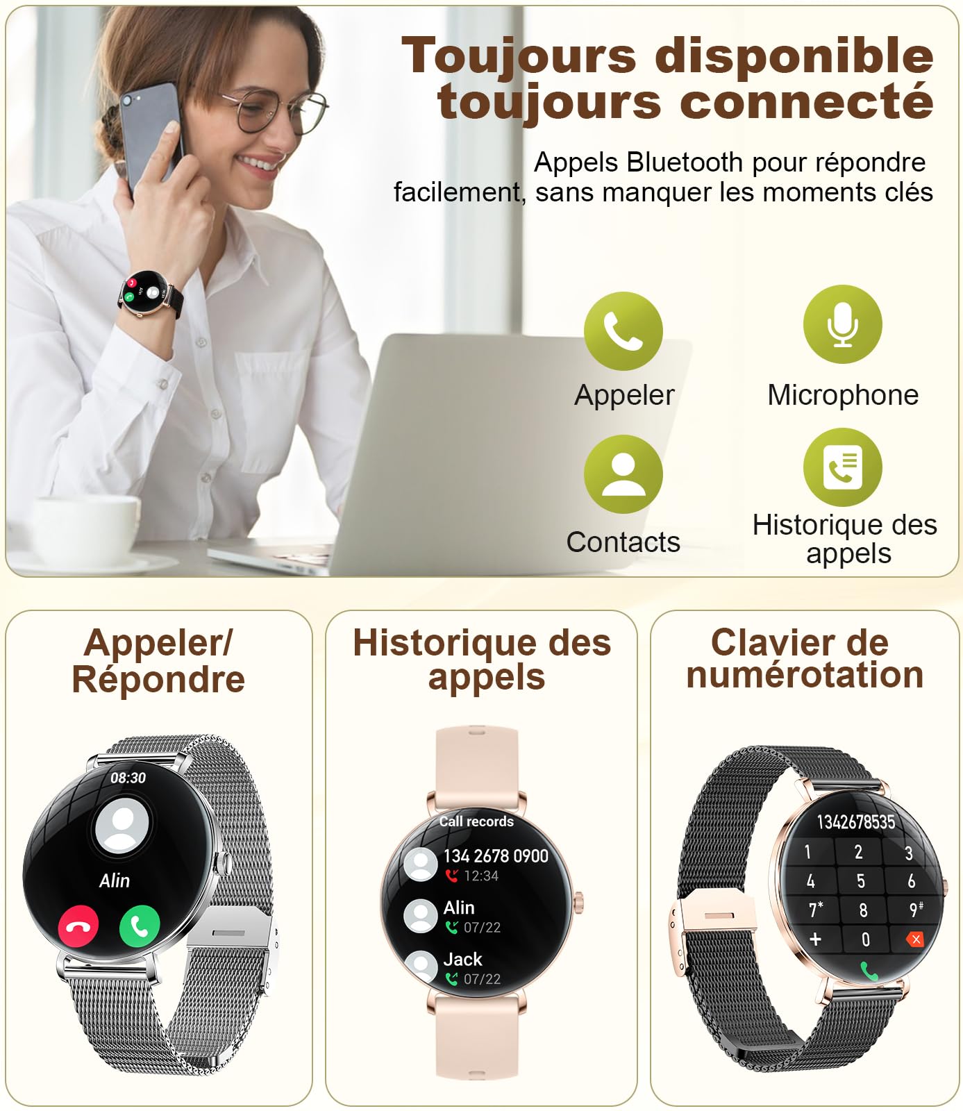 BENYAR SMART Montre Connectée Femme, 1.43" Ultra-Fin Écran AMOLED avec Appel Bluetooth, Santé Féminine, Étanche IP68, 110 + Modes Sportifs, Podomètre, Smartwatch Femme pour iOS Android, Maille Noire