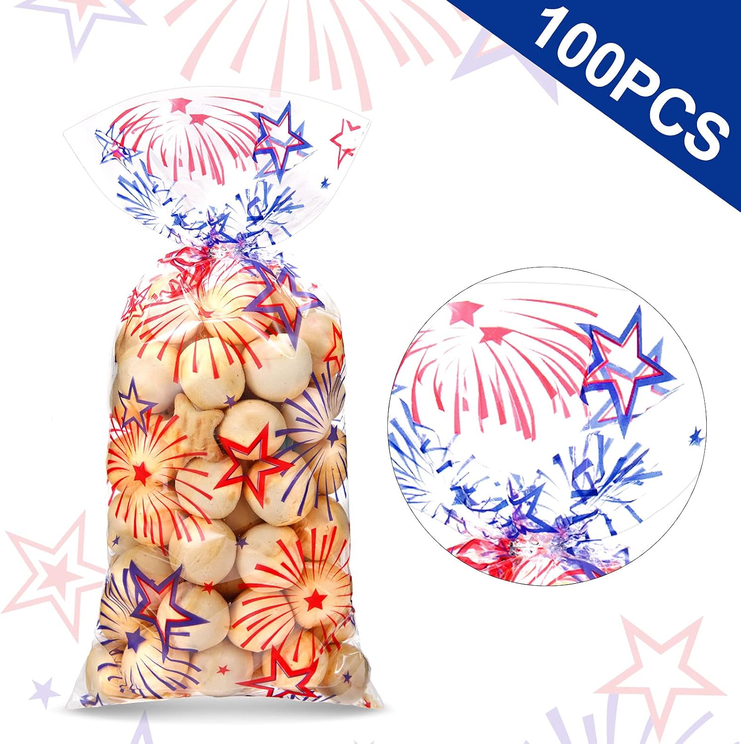 Outus 100 Pcs Clear Patriotic Treat Cellophane Bag Independence Day 4th of July Candy Goodie Bag Blue Red Star Fireworks Pouch with 100 Silver Twist Ties for Popcorn Snack Cookie America Party Favors