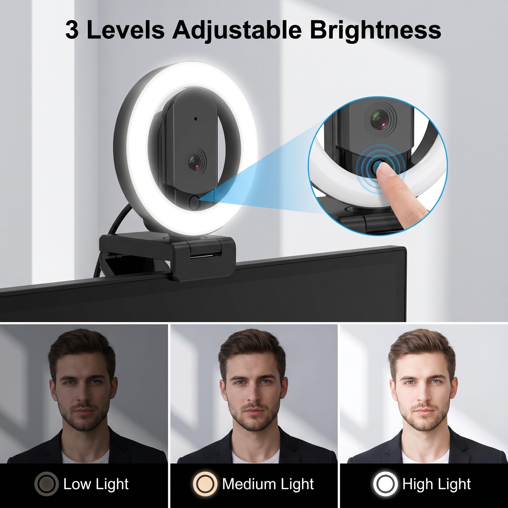 Cámara web 4K Ultra HD con micrófono, luz de relleno de 3 colores y cubierta de privacidad, cámara web de enfoque automático de gran angular de 90° con trípode y adaptador USB C, Plug & Play