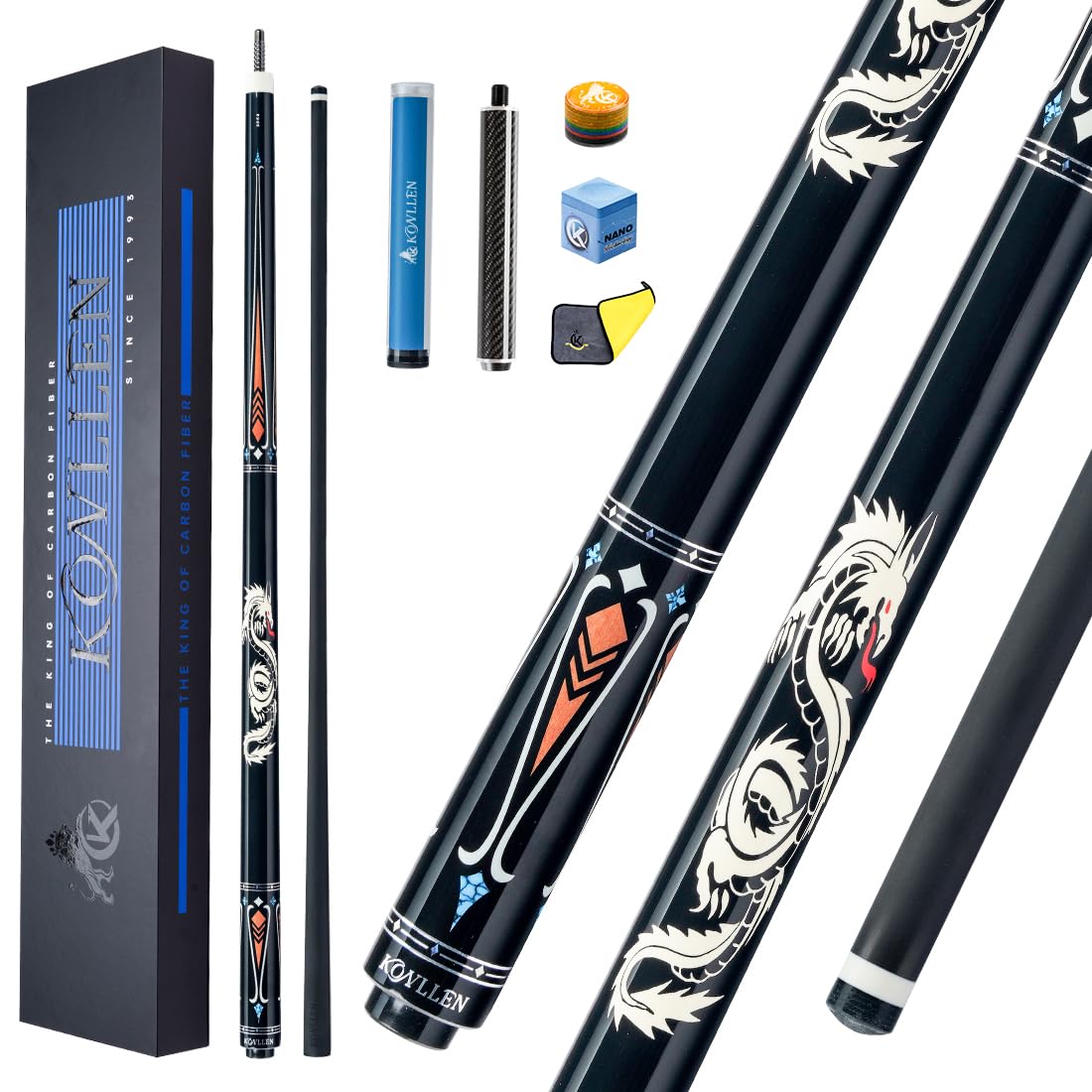 KONLLEN Carbon Fiber Pool Cue Stick 58-inch Professional Pool Sticks Low Deflection Pool Cue for Adults Ultra-Smooth Billiard Cues with 12.5mm Tip