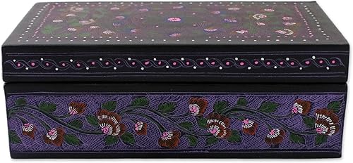 Miniatura 2 de NOVICA Caja decorativa de madera lacquerware, púrpura, fantasía floral