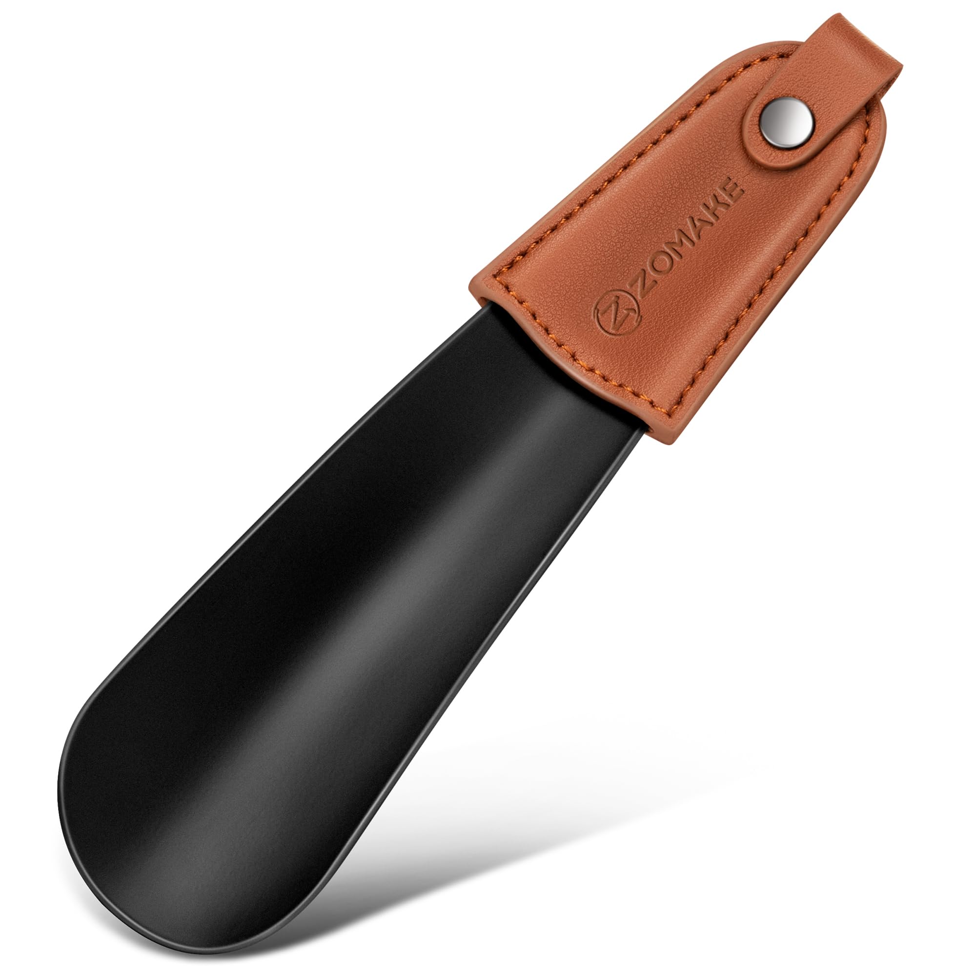 ZOMAKE Calzador Pequeño 17CM Metálico Portátil para Personas Mayores Mango de Cuero Negro
