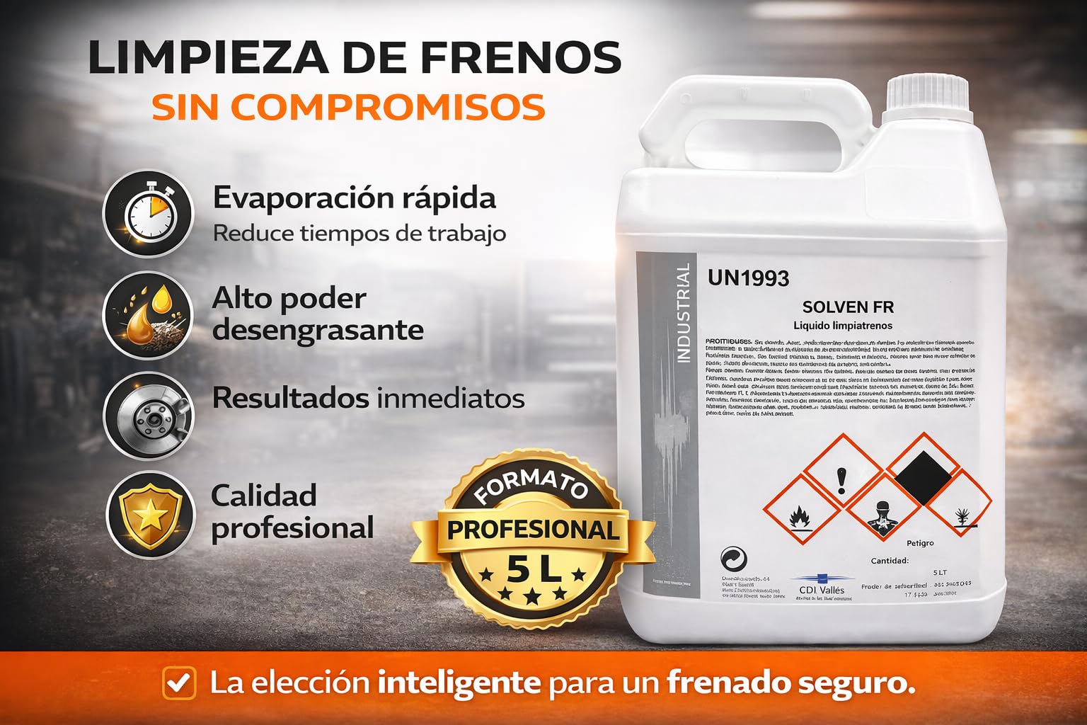 SOLVEN FR Limpiador de Frenos Profesional 5L – Desengrasante Industrial para Pastillas y Discos – Secado Rápido sin Residuos – Uso Automoción y Taller