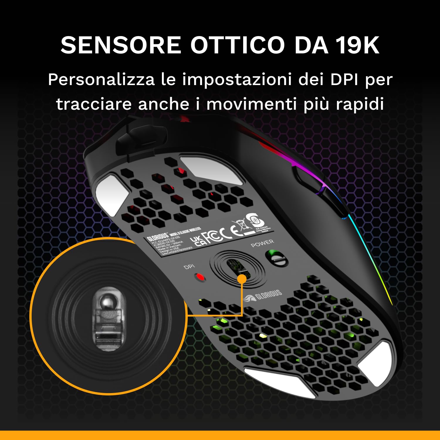 GLORIOUS Model O Classic Mouse PC da Gaming Wireless - Bassa latenza, sensore 19K DPI, Design a Nido D'ape (69 g), RGB Personalizzabile, Switch Meccanici da 100 mln di clic, Tasti programmabili - Nero
