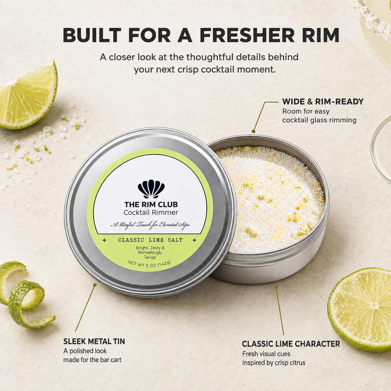 Kiri & Sons The Rim Club Cocktail Rimmer Salt for Margaritas, Tequila Shots, Bloody Marys & Craft Cocktails, Gift on Parties, Home Bars, Brunches & Events - Classic Lime 5oz