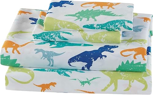 Mk Home - Juego de sábanas de 3 piezas para niños, diseño de dinosaurios, verde, azul, naranja, blanco