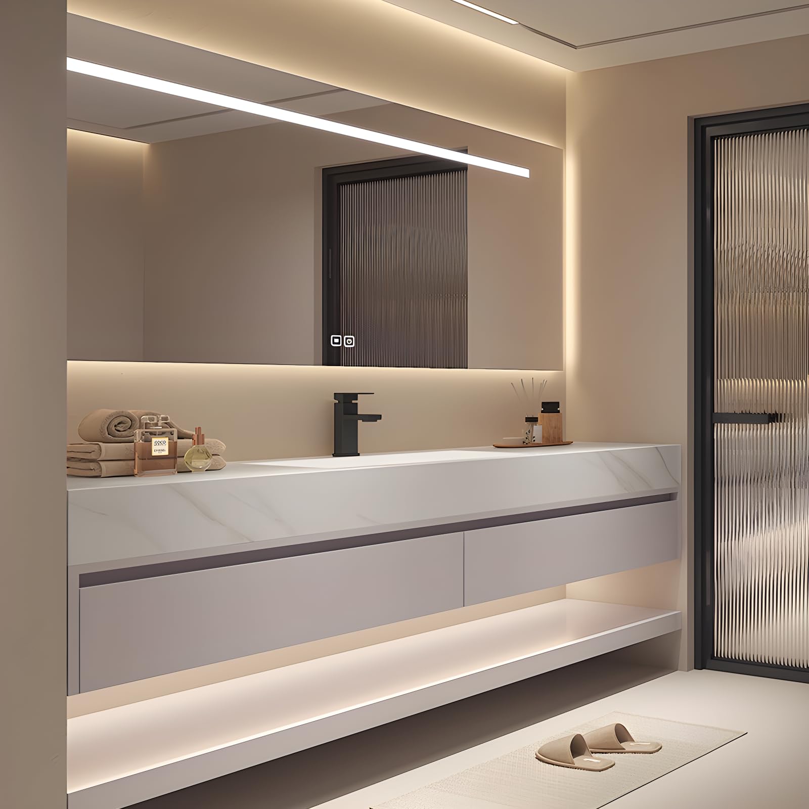 Mobile da bagno moderno da 91,4 cm con lavabo singolo, completamente assemblato, unità bianca Smart LED Defog specchio da parete design galleggiante piano di lavoro in pietra sinterizzata cassetti con