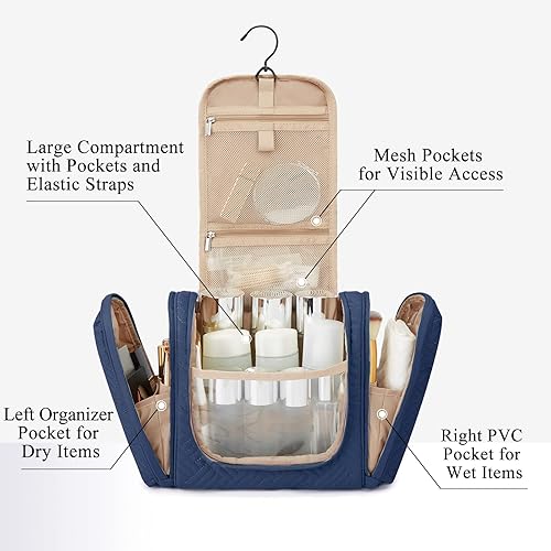 Miniatura 8 de BAGSMART - Estuche de viaje para cosméticos y artículos de aseo personal a prueba de agua con gancho para colgar, neceser organizador de viaje para