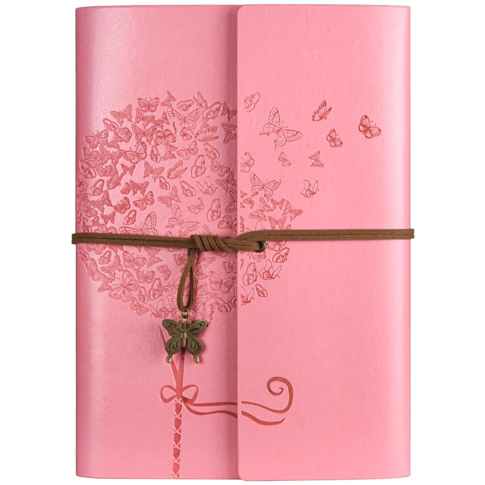 Leather Notebook Journal, Vintage Refillable Journal with 2 PVC Pockets, Travel Journal for Writing, Diary Journal for Women, Men, Girls and Boys, 100GSM Lined Paper, 160 Pages (Pink A5 16.5 x 23.4cm)