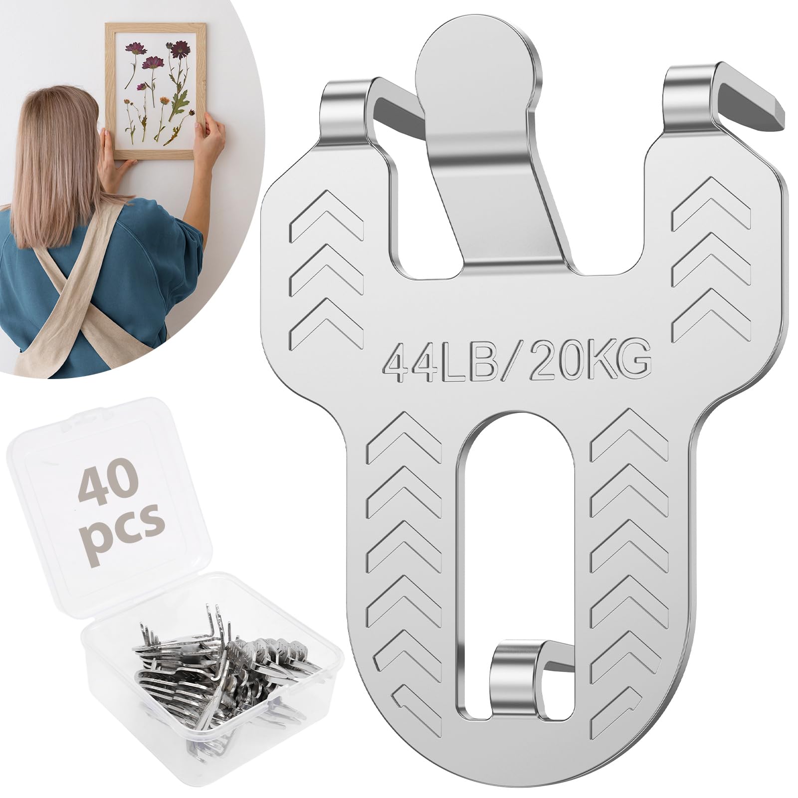 Lulobtg Silver 40 Pcs Claw Picture Hooks For Plasterboard Holds Up To 44Lb/20Kg Load No Nails Drywall Picture Hanging Kit For Pictures Posters Frames Mirrors Artwork
