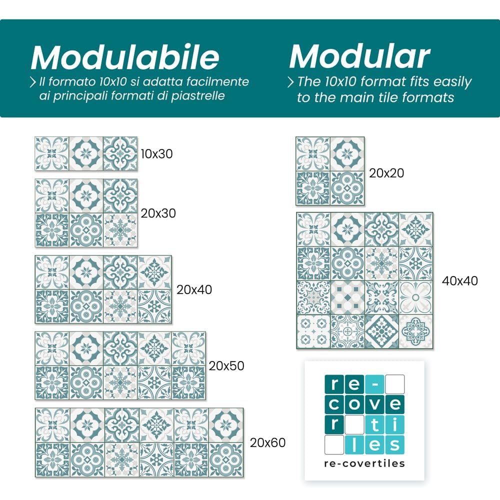 RE-COVERTILES - Adesivi Piastrelle Cucina Bagno Mattonelle adesive in PVC Impermeabili Antigraffio Stickers Decorazione Parete Cementine Peel and Stick - Modello 10 Pz 20x20 cm PS00099 Made in Italy