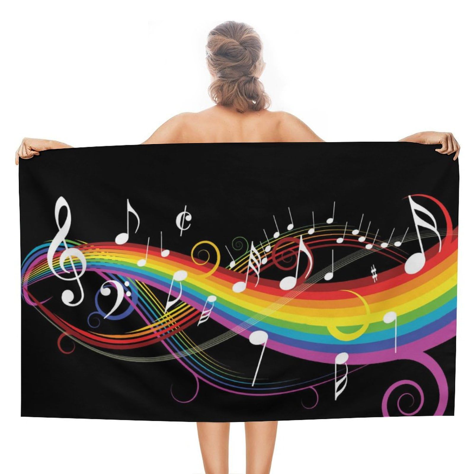 LEDFCVSU Beach Towel, Rainbow Music Musical Note Bath Towel, Absorbent Towel for Swimming, Sports, Travel
