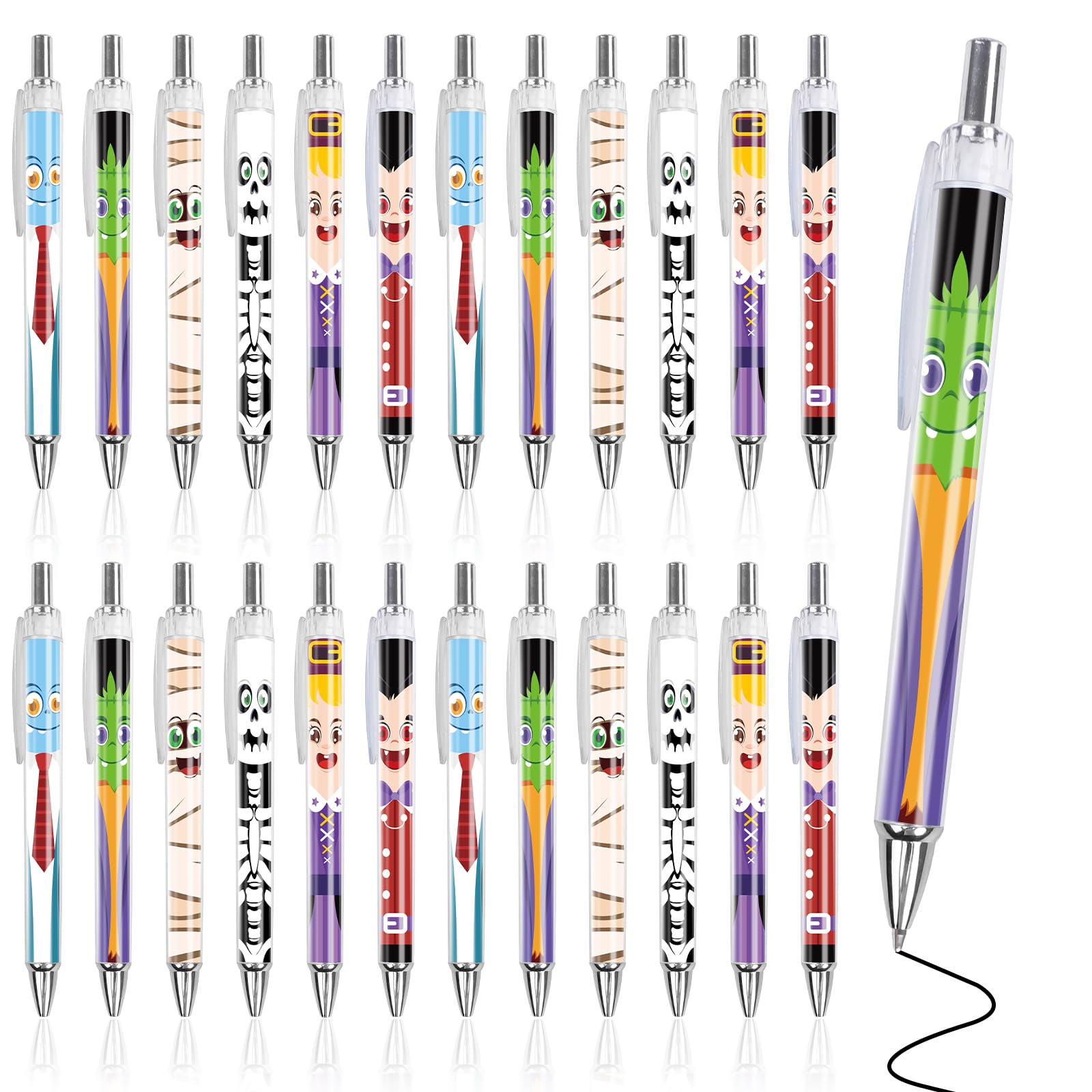 FINGOOO Halloween Pens Bulk, 24 Pcs Halloween Ballpoint Pen Gift for Kids Adults Retractable Black Ink Gel Pens for Holiday Party Favours Office Supplies Classroom