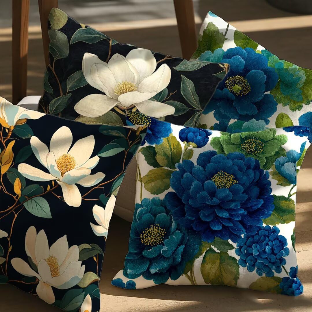 Federe Cuscini per Esterno 40 x 40 cm, Fiore Copricuscini Divano Decorativi Set di 4 Bianco Copricuscino Impermeabili Lino Quadrate Fodere Cuscini Decorativi per Giardino Picnic Soggiorno Sedie Ym224