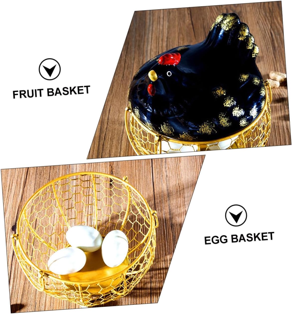 BESPORTBLE Farmhouse Iron Art Egg Basket with Black Chicken Lid and Gold Wire Frame, Chicken-shaped Egg Holder for Kitchen Countertop Storage and Food Organization