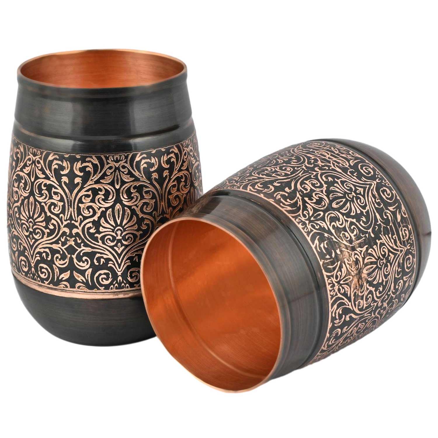 ANCIENTIMPEX Set di 2 bicchieri in rame, motivo floreale, capacità 250 ml, per benefici ayurvedici per la salute (a botte).