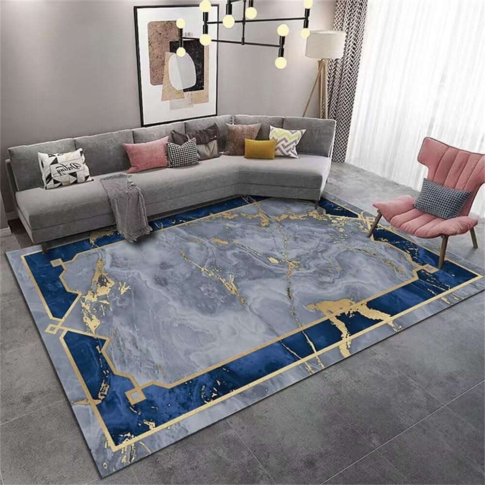 Tapis salon bleu lavable 120x200 anti-tache grand format style marbre