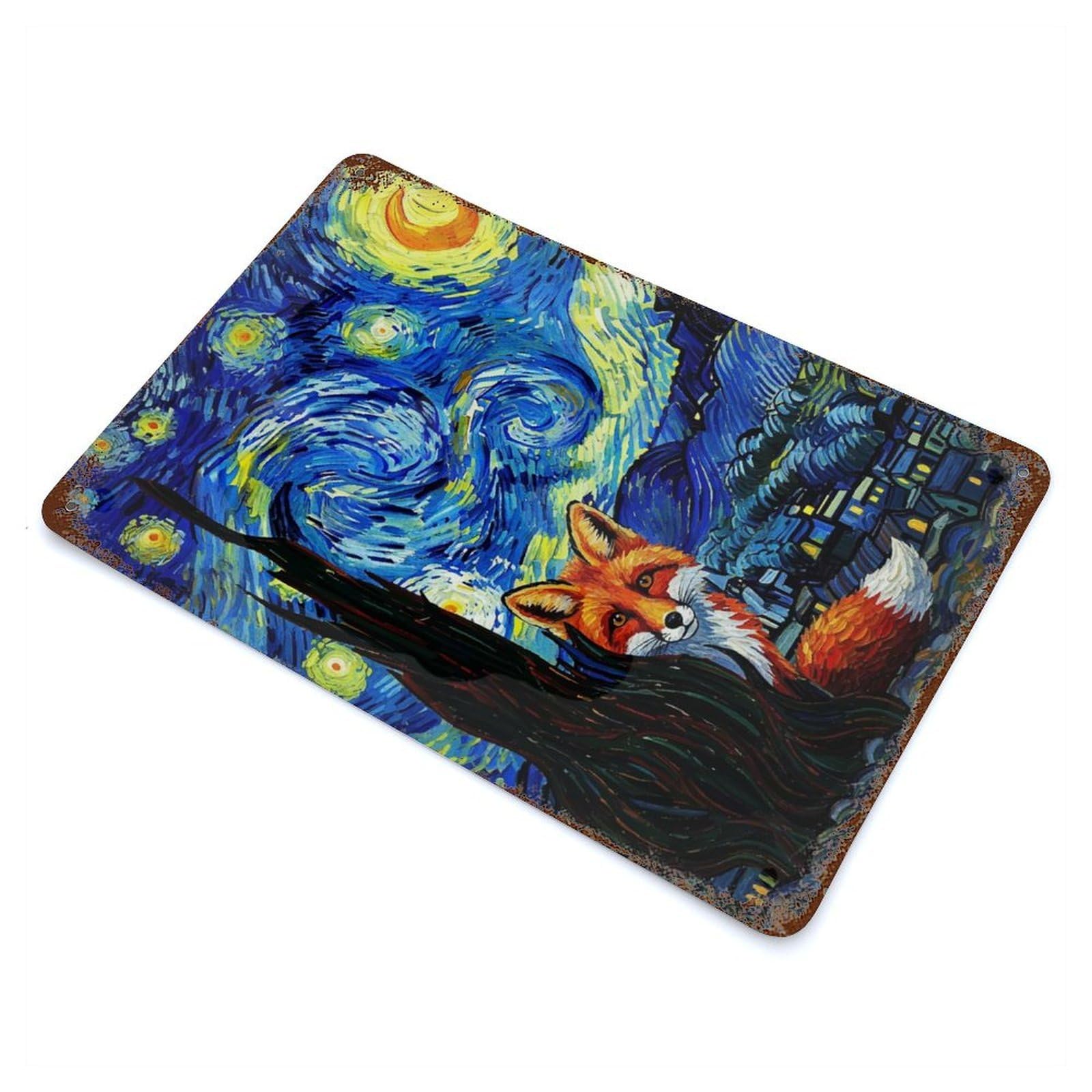 Fox in Starry Night Style Retro Metal Sign 11.8"x7.9", Farmhouse Wall Decor for Cafe, Home Bar And Lounge Decor